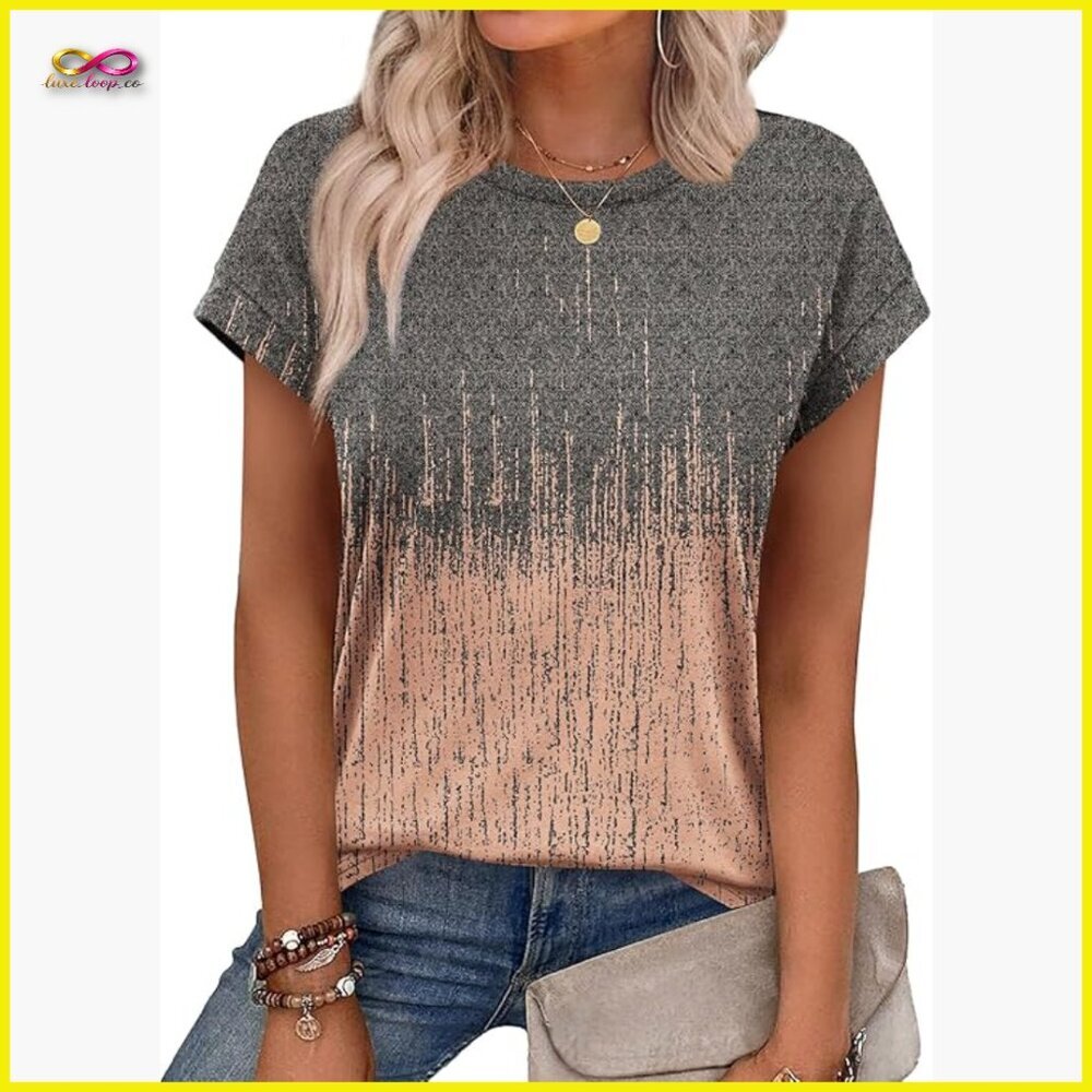 Tie-Dye Print Tunic Blouse Crew Neck Cap Sleeve Summer Casual Loose Fit